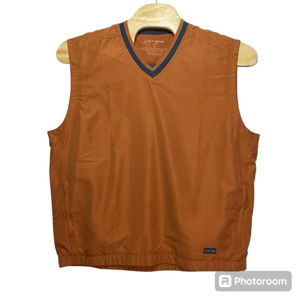 Life is Good Golf Vest Mens XL Burnt Orange Elastic Hem Zipper Pockets